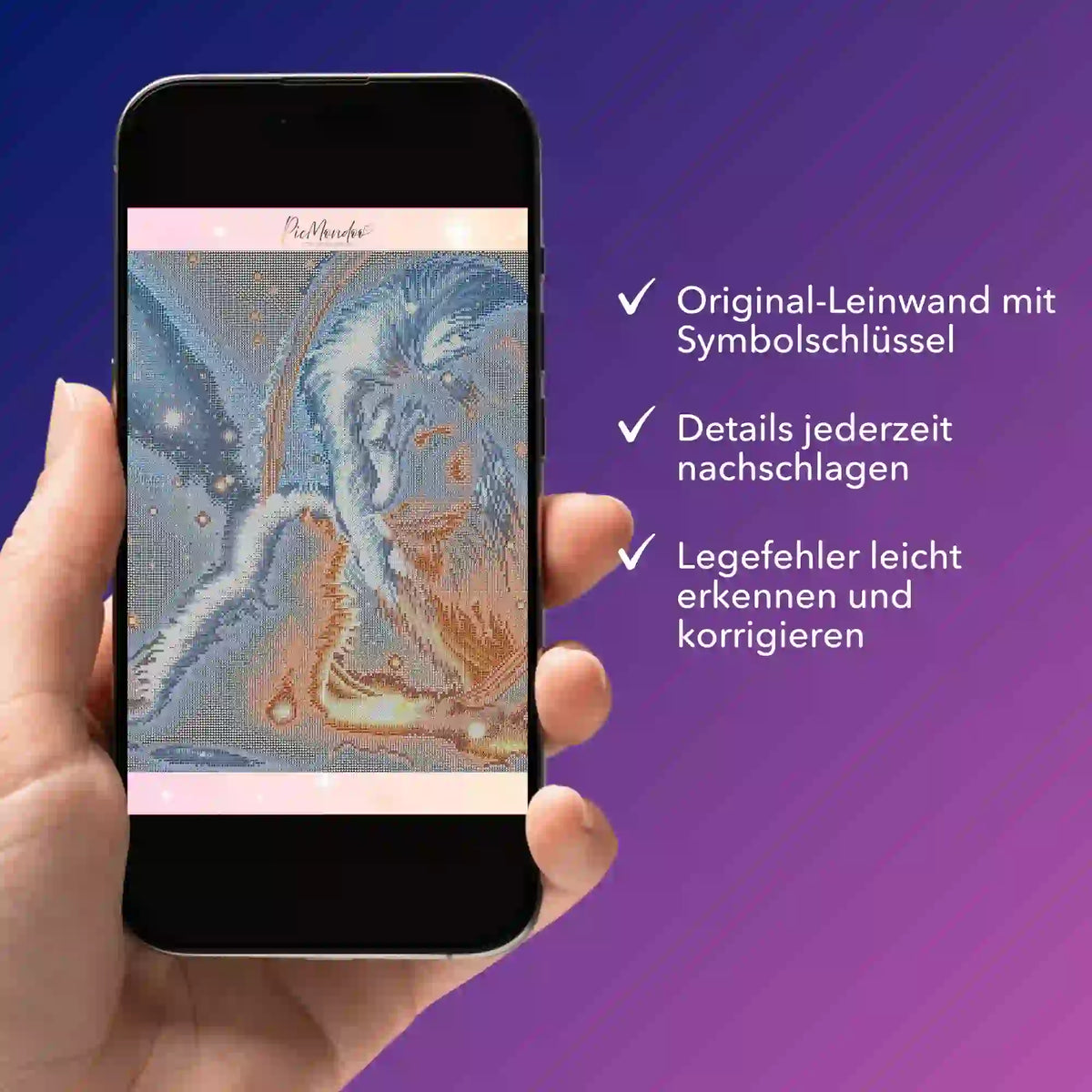 Digitale Diamond Painting Bildmappe auf Smartphone zur Kontrolle von Leinwandmotiven und Symbolschlüsseln bei Picmondoo