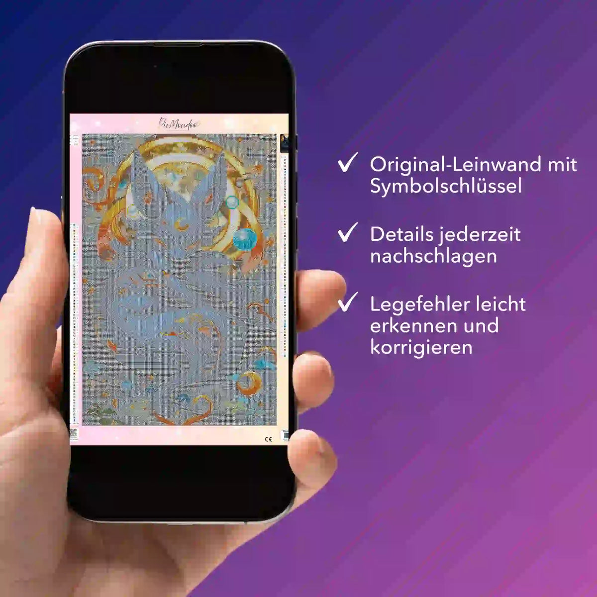 Digitale Diamond Painting Bildmappe als PDF auf Smartphone für mystisches Nachtwesen Motiv zur einfachen Fehlerkontrolle