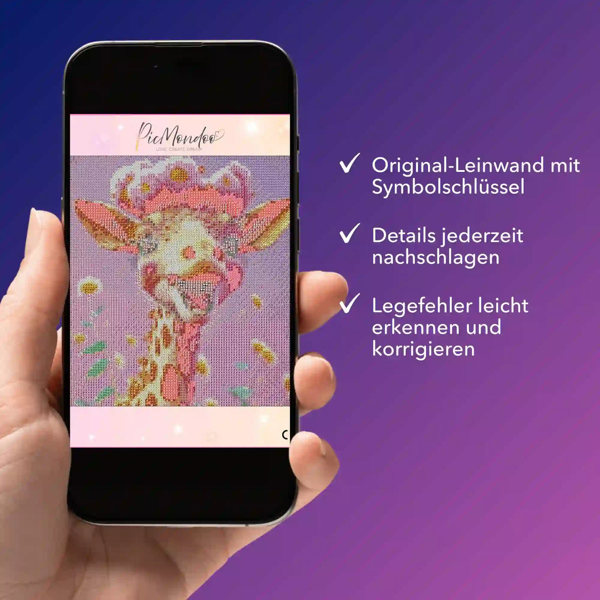 Digitale Diamond Painting Bildmappe als PDF für das Giraffen-Motiv von Picmondoo auf dem Smartphone angezeigt