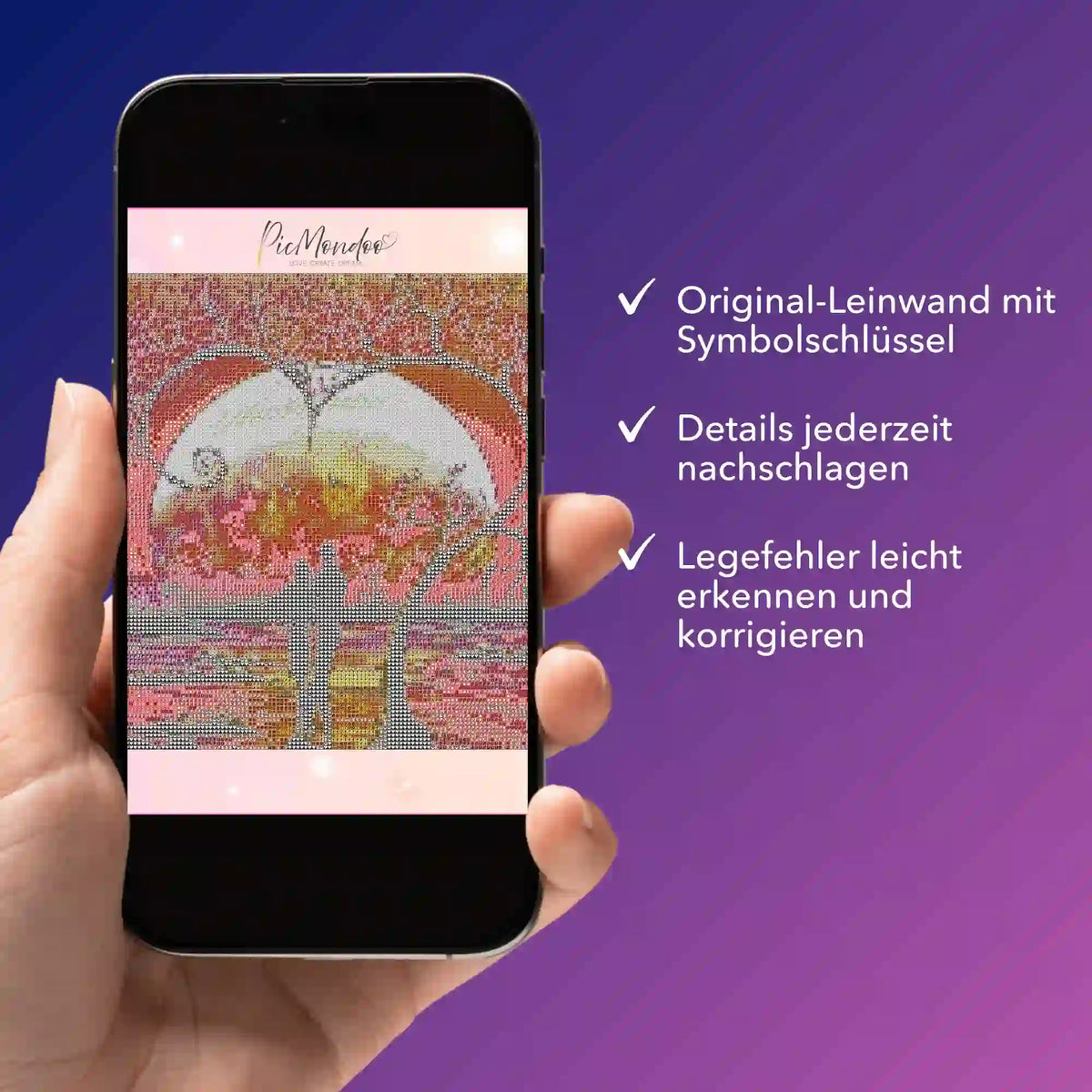 Digitale Diamond Painting Bildmappe als PDF für das Motiv Baum der Liebe auf einem Smartphone angezeigt