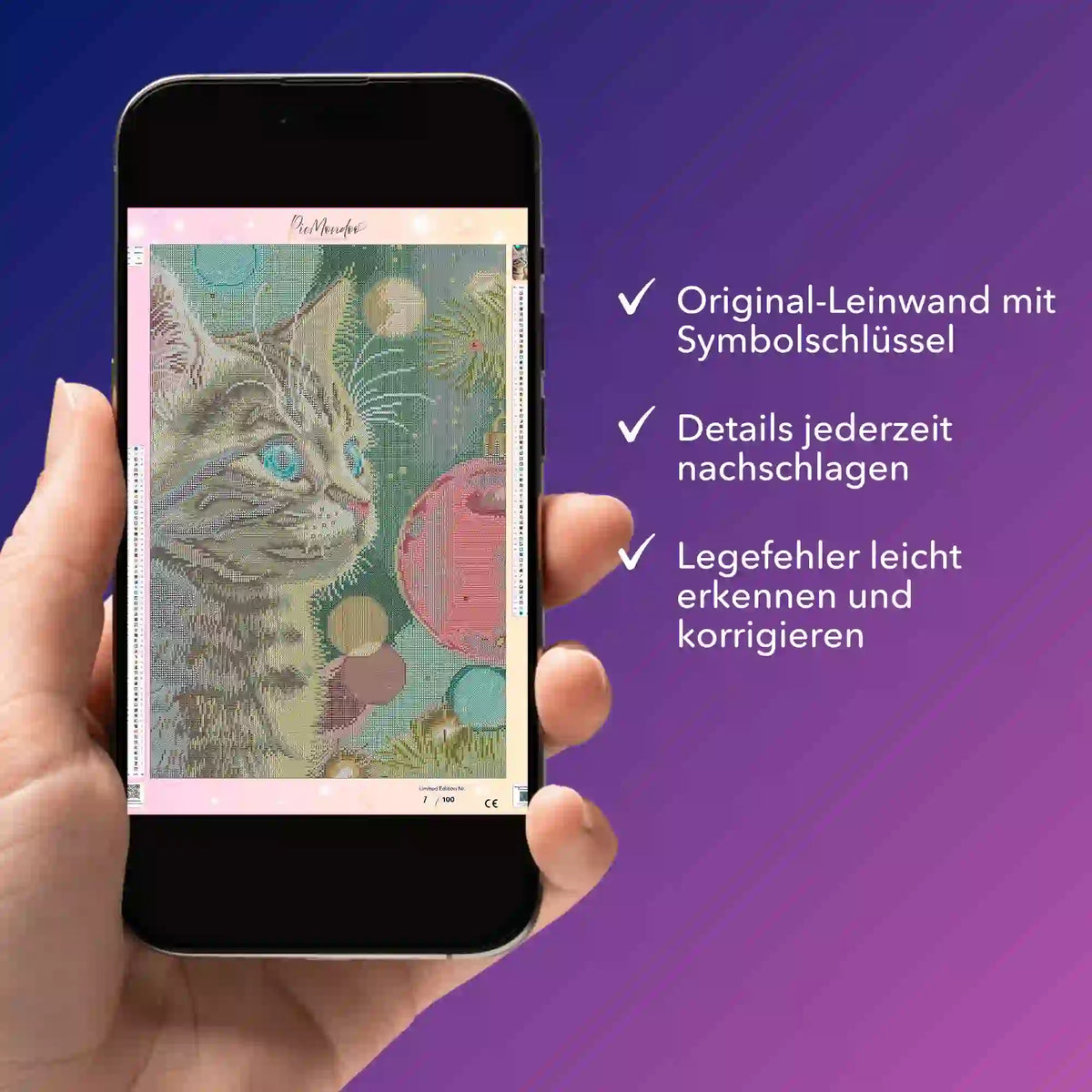 Digitale Diamond Painting Bildmappe als PDF auf Smartphone für das Motiv Minka - Leinwanddetails und Symbolschlüssel.
