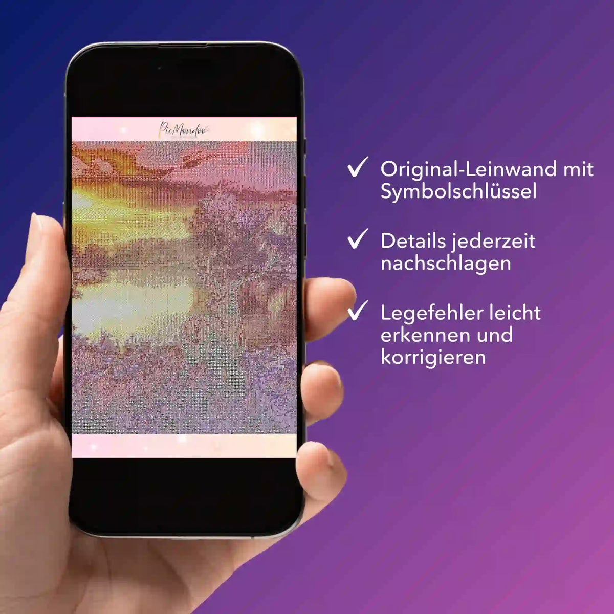 Smartphone mit digitaler Bildmappe für Diamond Painting Hirsch im Sonnenaufgang inklusive Leinwand-Symbols-Übersicht