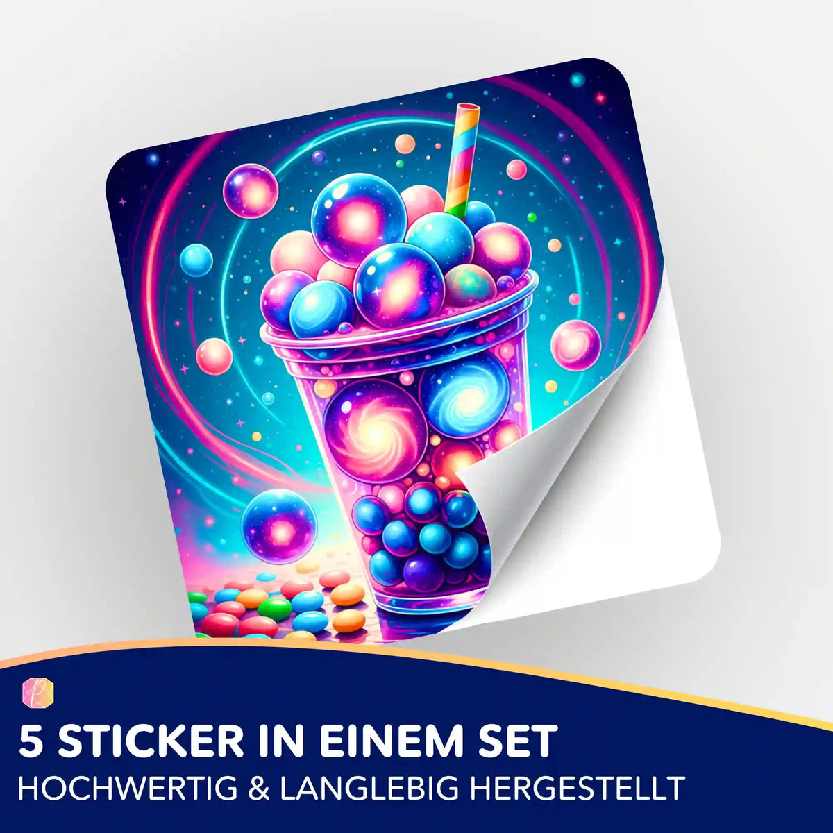 Buntes Bubble Tea Sticker Set für Diamond Painting Fans mit galaktischem Motiv und leuchtenden Planeten-Kugeln.