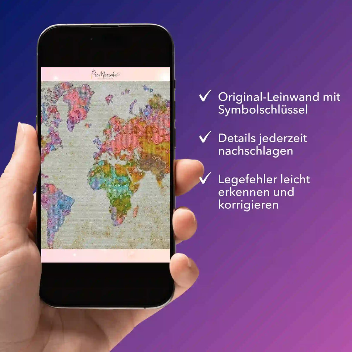 Smartphone zeigt digitale Diamond Painting Bildmappe mit bunter Weltkarte für dein DIY-Projekt von Picmondoo
