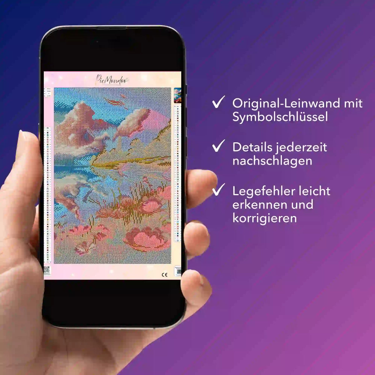 Digitale Diamond Painting Bildmappe auf Smartphone zum bequemen Nachschlagen der Leinwand-Details und Symbole