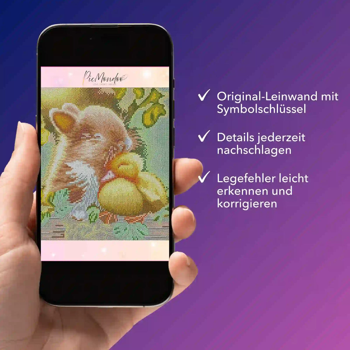 Digitale Diamond Painting Bildmappe als PDF auf Smartphone mit Motiv Friendship zur Leinwand-Kontrolle