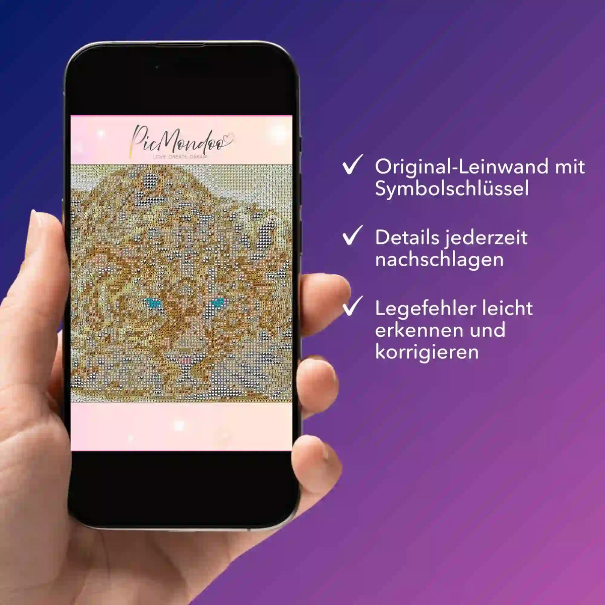 Digitale Diamond Painting Vorlage mit Symbolschlüssel auf einem Smartphone für präzises Arbeiten am DIY-Set