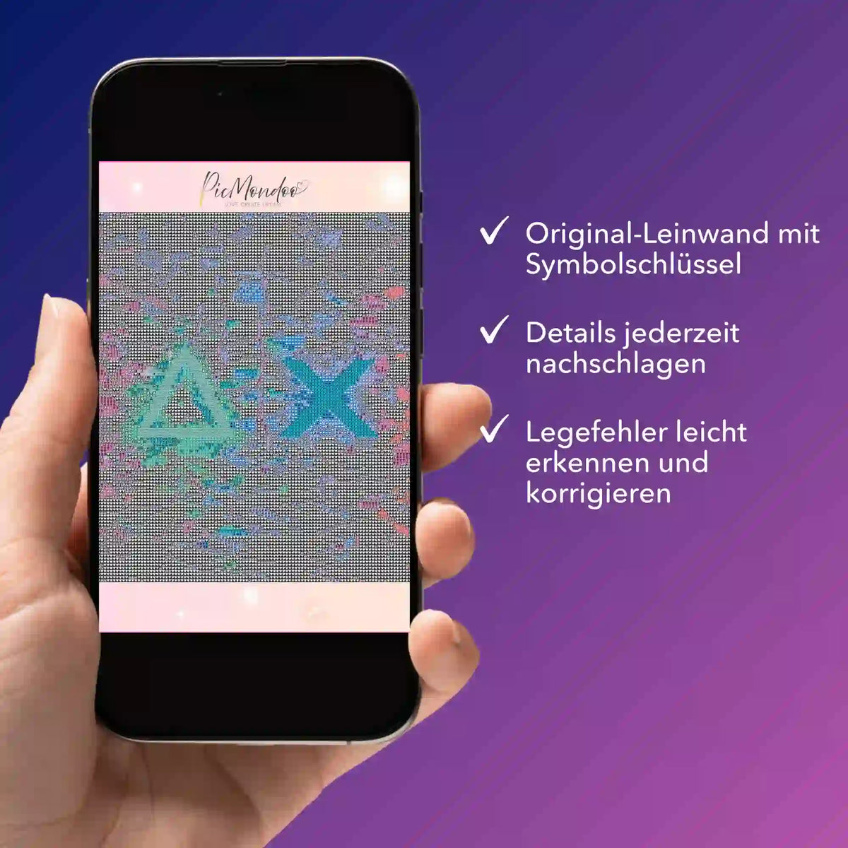 Digitale Diamond Painting Bildmappe als PDF auf Smartphone zur Kontrolle von Motivdetails und Symbolschlüssel.