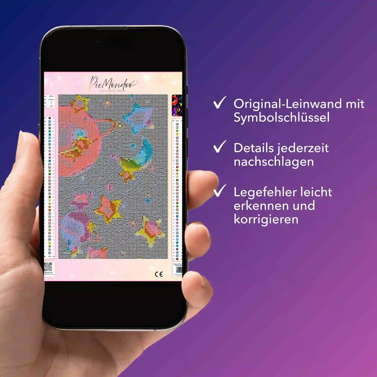 Digitale Diamond Painting Bildmappe auf Smartphone mit Motiv Universum, Symbolschlüssel und Leinwand-Details zur Hilfe