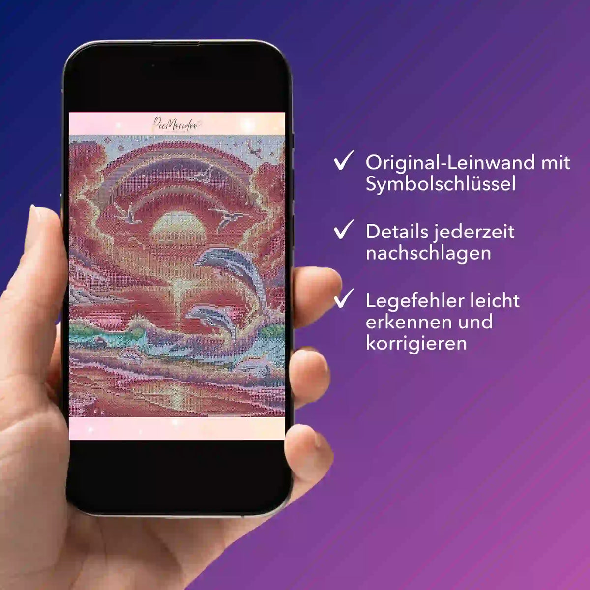 Digitale Diamond Painting Bildmappe als PDF mit pinkem Meeresrauschen Motiv auf einem Smartphone zur Hilfe beim Legen