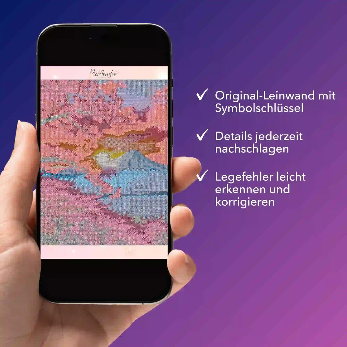 Digitale Diamond Painting Bildmappe mit Kirschblüten-Motiv zur Kontrolle von Details und Symbolen am Smartphone.