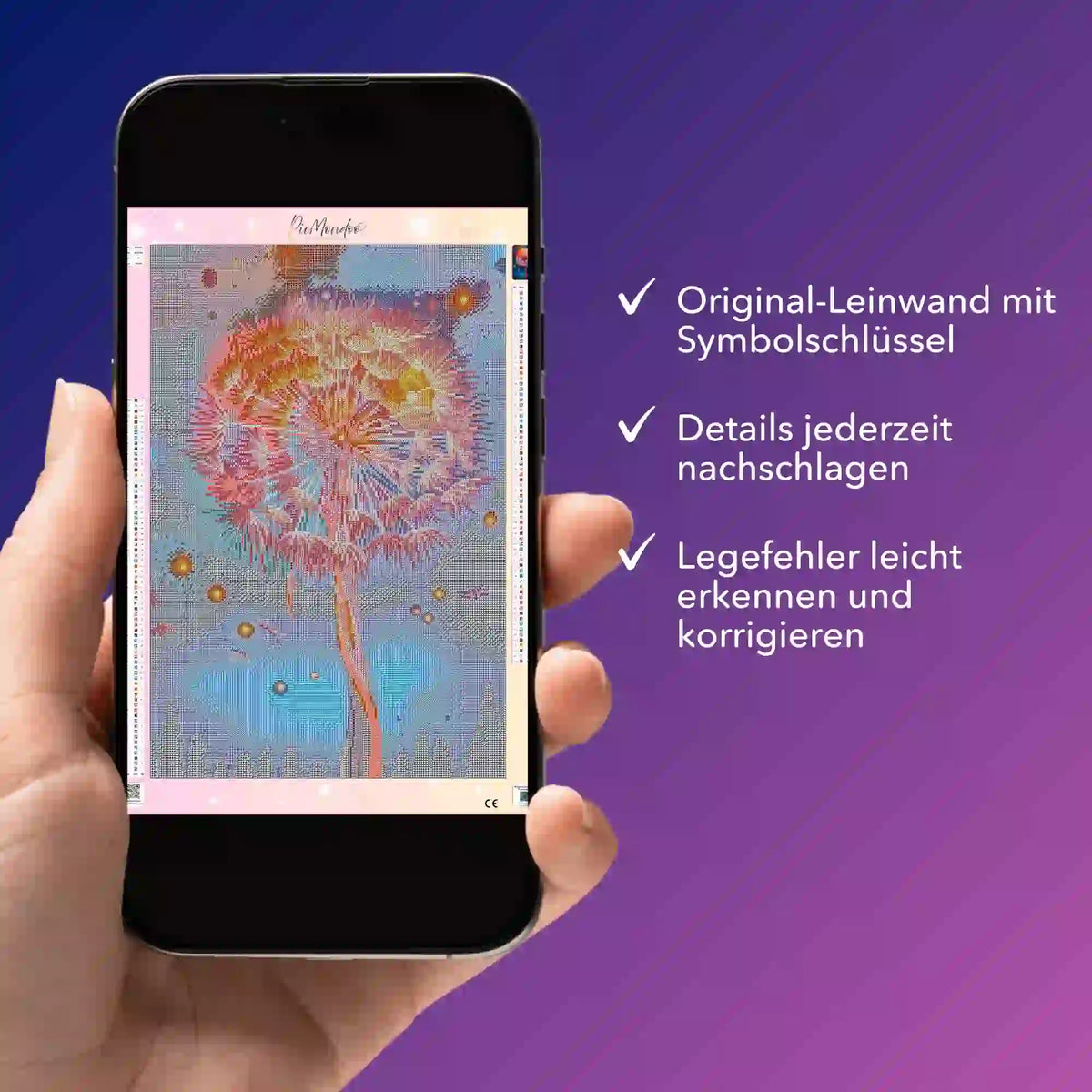 Digitale Diamond Painting Bildmappe als PDF auf Smartphone mit Motiv Fly away by Night für einfaches Arbeiten