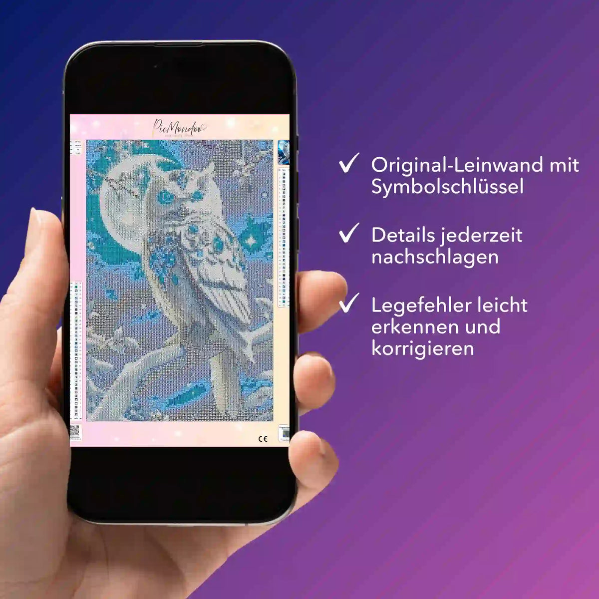 Digitale Diamond Painting Bildmappe mit Eulen-Motiv auf Smartphone zur Kontrolle von Symbolen und Legefehlern.