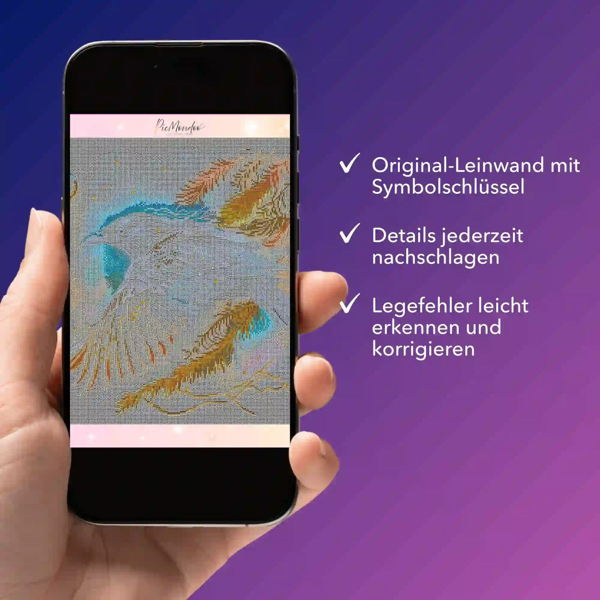 Digitale Diamond Painting Bildmappe als PDF auf einem Smartphone mit Hexenrabe-Leinwandvorschaubild für Hobbykünstler.