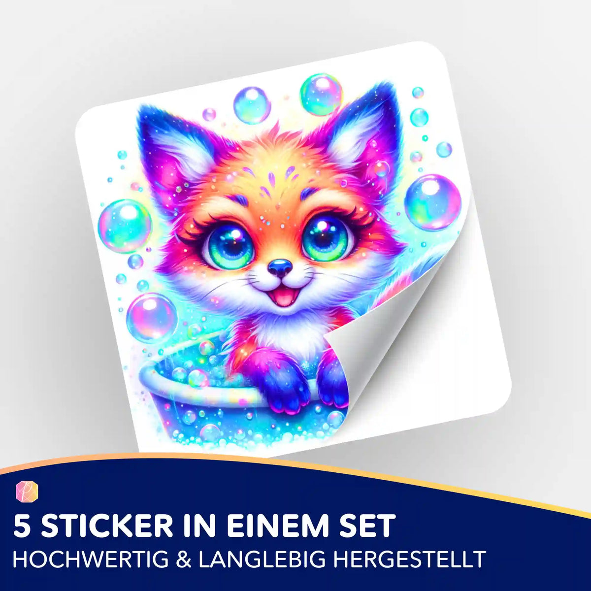 Foxy Fuchs Sticker-Set für Diamond Painting und Bastelbedarf, bunter Comic-Fuchs im Seifenbad mit glitzernden Seifenblasen