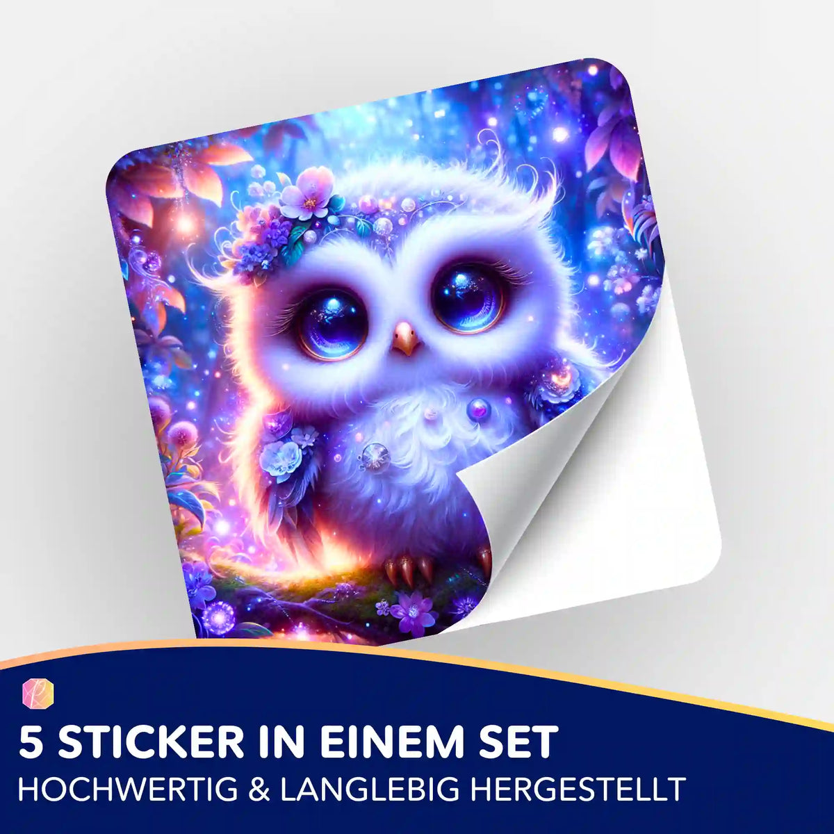 Eli Eulen-Sticker für Diamond Painting Zubehör im 5er-Set mit magischem Waldmotiv in leuchtenden Lila- und Blautönen