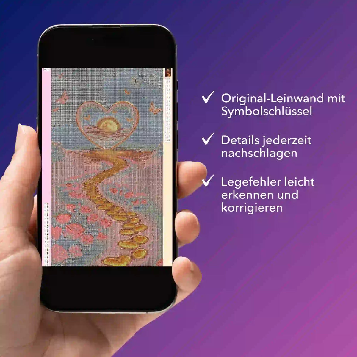 Digitale Diamond Painting Bildmappe Weg der Liebe auf Smartphone mit Vorlage und Symbolschlüssel zur Fehlerkontrolle