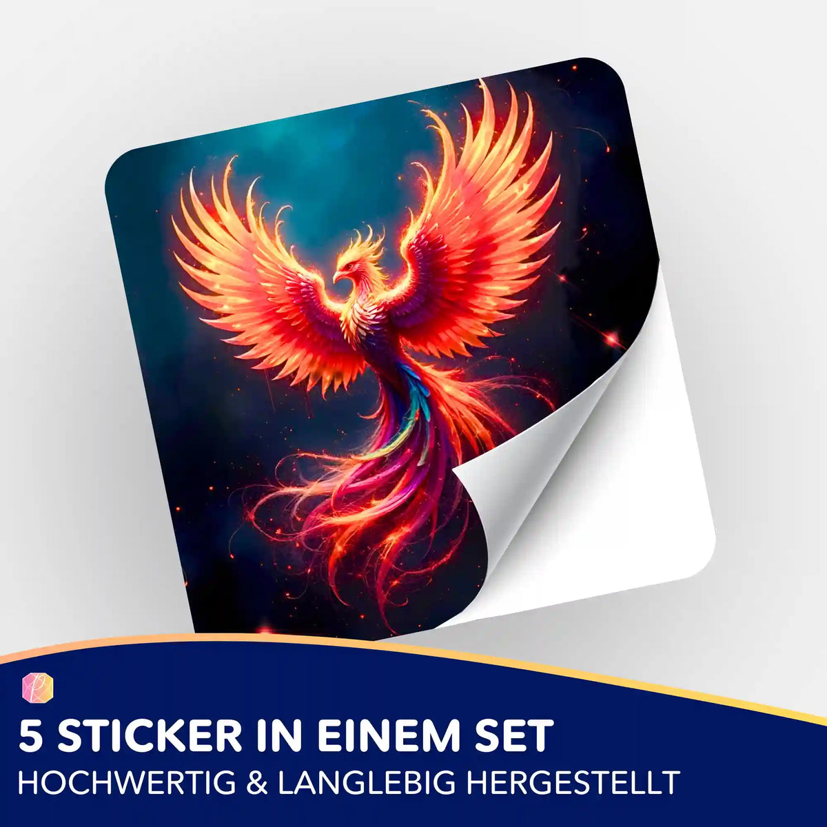 Phönix Sticker 5er-Set für Diamond Painting Zubehör mit farbenfrohem Feuervogel-Motiv und glänzenden Details