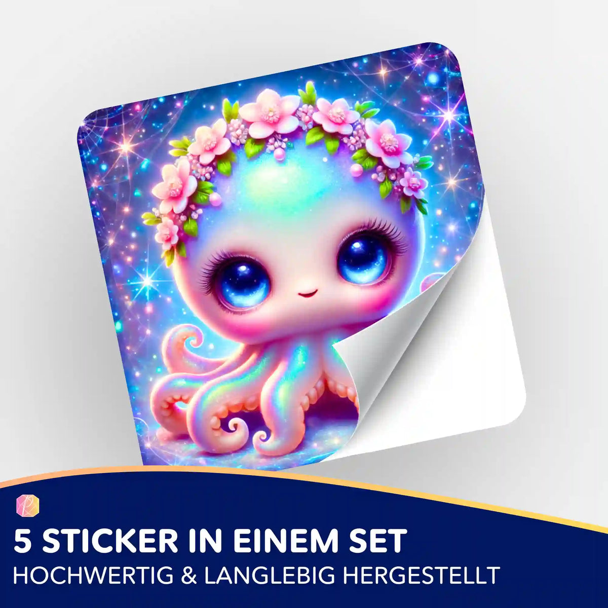 5er-Set Aufkleber mit niedlicher Tintenfisch-Illustration im Diamond Painting Stil für DIY-Fans