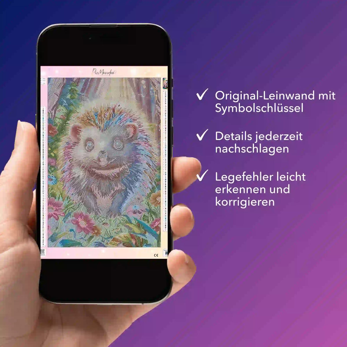 Digitale Diamond Painting Bildmappe mit Igel-Motiv Stups zur einfachen Kontrolle auf dem Smartphone ansehen