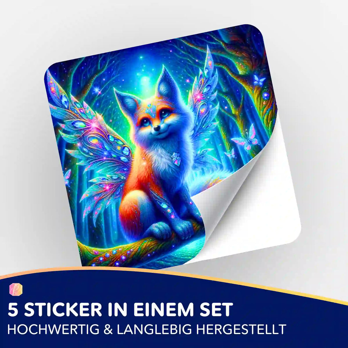 5er-Set Sticker Fairy Fox of Magic für Diamond Painting Zubehör mit farbenfrohem Fuchs-Motiv auf glänzendem Untergrund