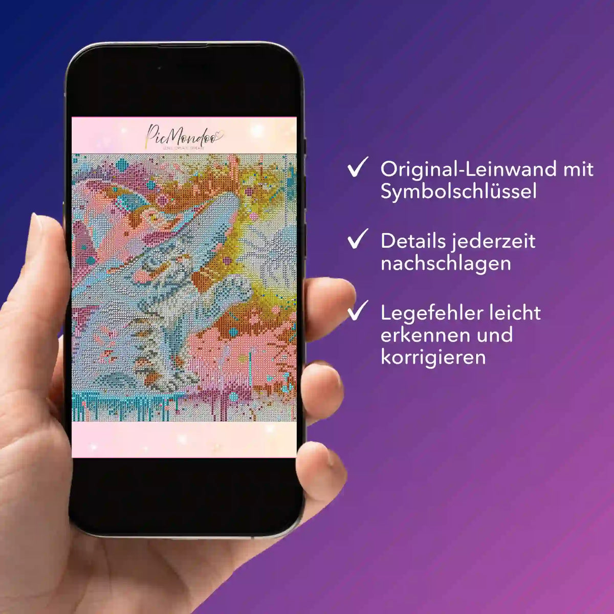 Digitale Diamond Painting Bildmappe als PDF auf Smartphone für Kitty Cat Motiv zur einfachen Fehlerkorrektur