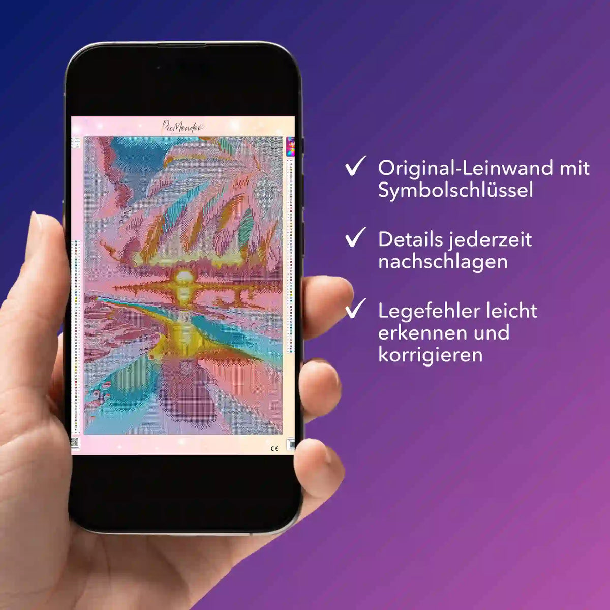 Digitale Diamond Painting Bildmappe Zauberstrand auf dem Smartphone zur Kontrolle von Symbolschlüsseln und Legefehlern.