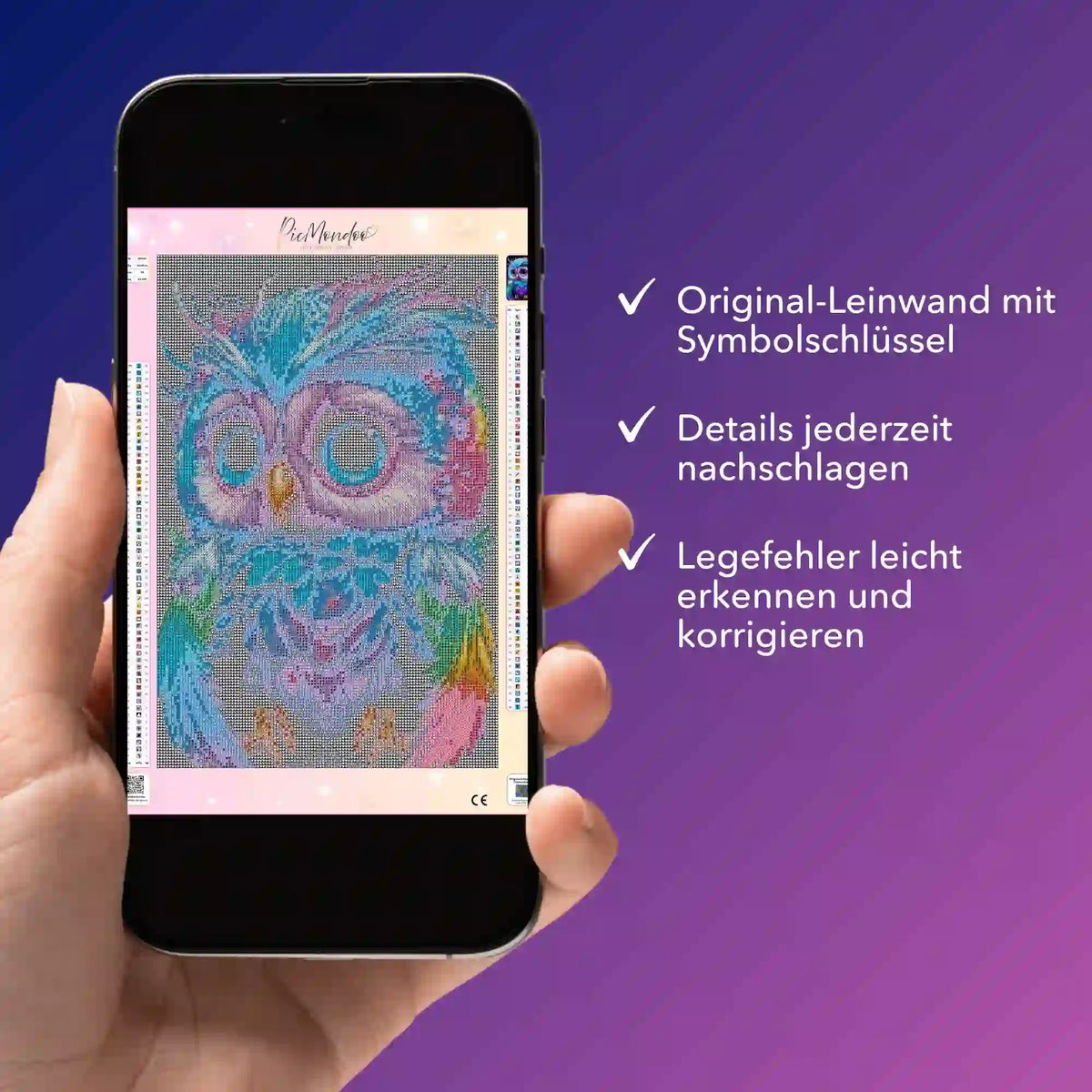 Digitale Picmondoo Diamanten Painting Vorlage einer bunten Eule auf einem Smartphone als PDF-Bildmappe zur Kontrolle.