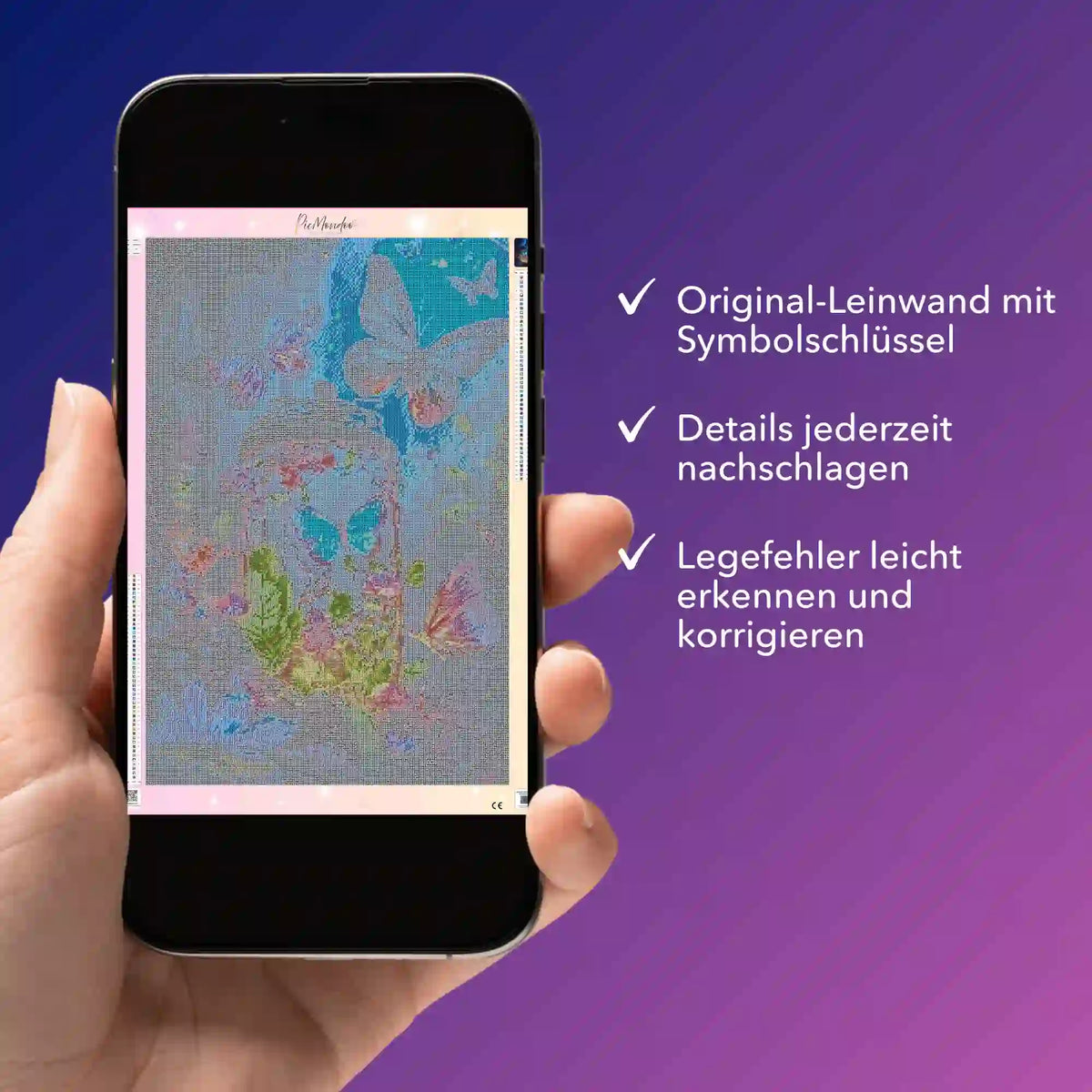 Digitale Diamond Painting Bildmappe als PDF auf Smartphone mit Motiv Nacht der Schmetterlinge zur Fehlerprüfung