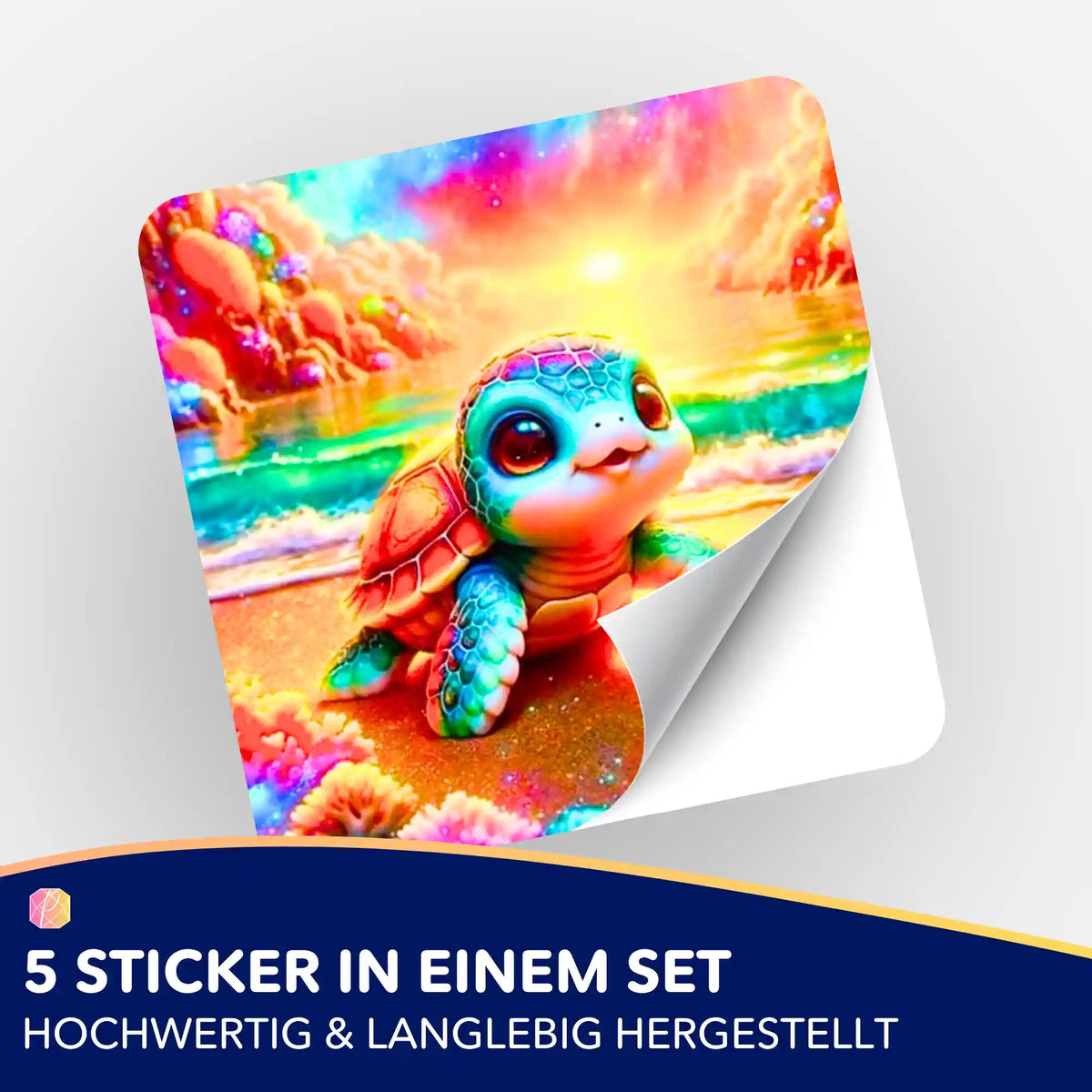 Buntes 5er Sticker-Set für Diamond Painting Fans mit dem Motiv einer süßen Schildkröte am glitzernden Strand