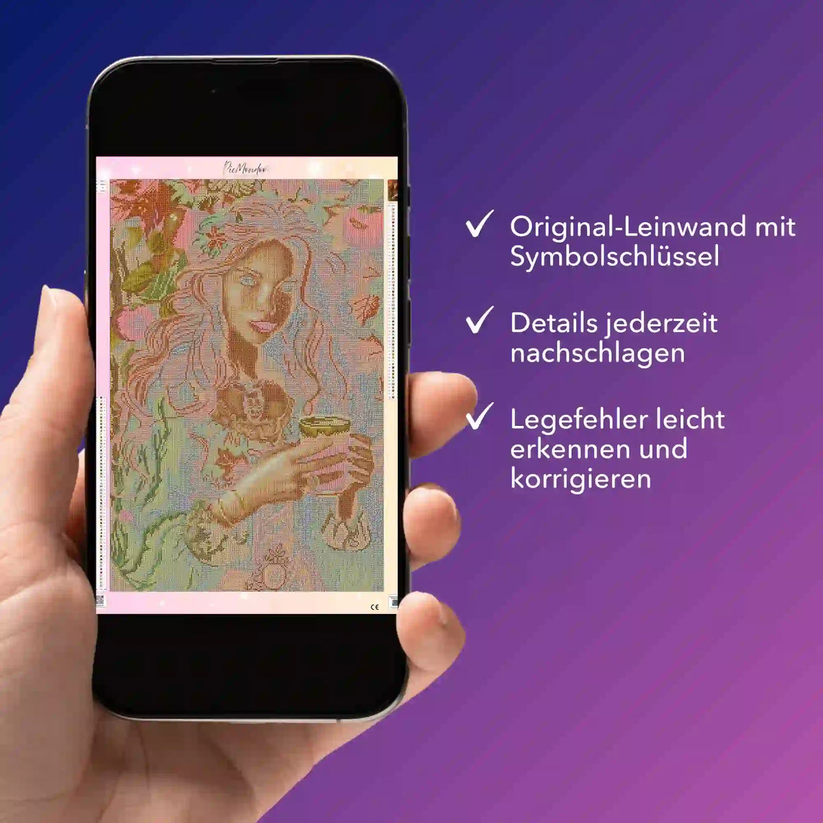 Digitale Diamond Painting Bildmappe als PDF für das Apfelmädchen Ruby Motiv zur Übersicht der Symbole und Legefehler.