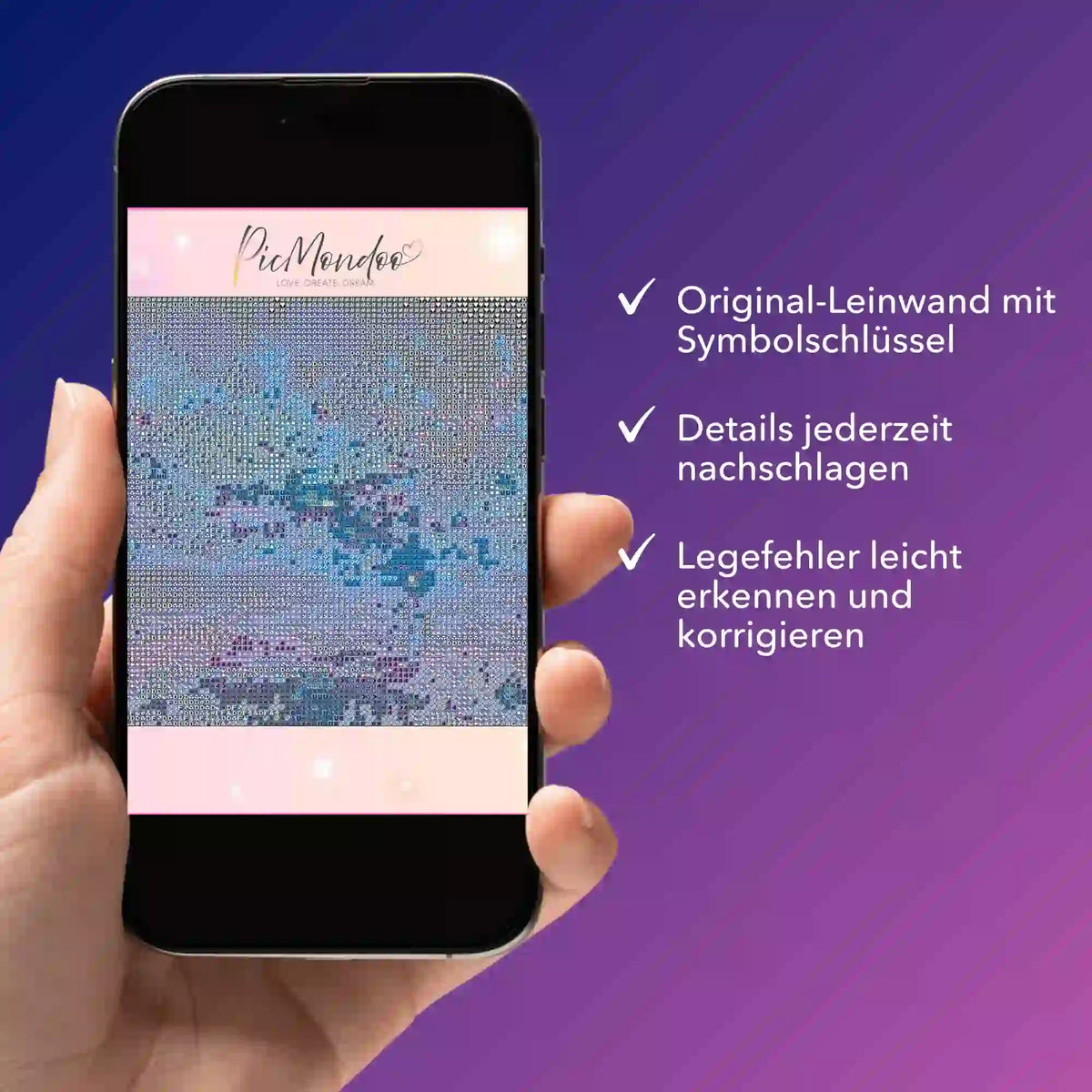 Digitale Diamond Painting Bildmappe auf Smartphone zur Kontrolle von Symbolschlüsseln und zum Korrigieren von Legefehlern.