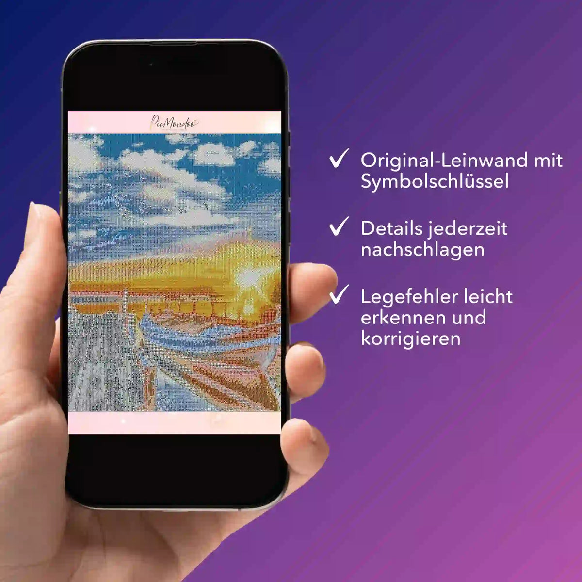 Digitale Diamond Painting Bildmappe auf Smartphone für dein kreatives Hobby mit Motiv Sonniger Abend am See.