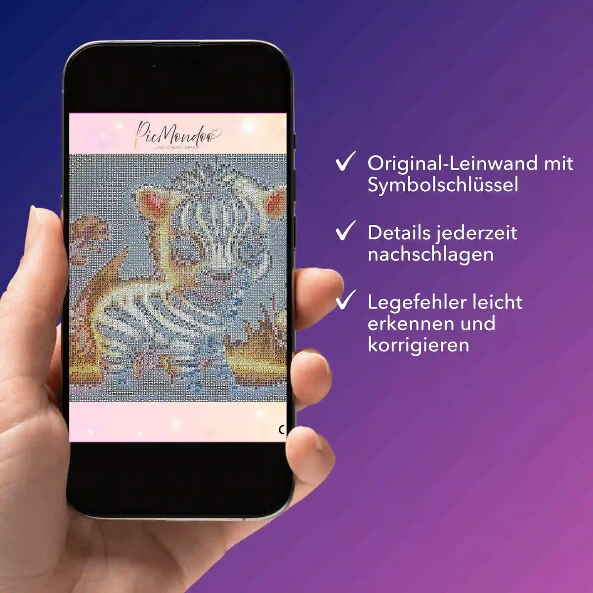 Smartphone zeigt digitale Diamond Painting Bildmappe mit süßem Zebrababy als PDF-Anleitung für das Diamond Painting Set.