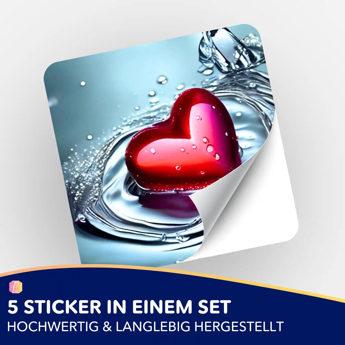 5er-Set Waterheart Aufkleber für Diamond Painting Organisation mit glänzendem Herzmotiv im Wasser