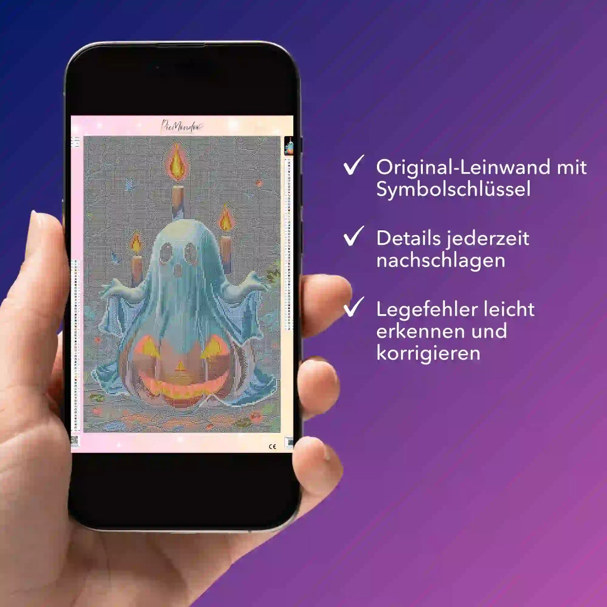 Digitale Diamond Painting Vorlage mit Boohoo Geister Motiv auf dem Smartphone zur einfachen Kontrolle beim Basteln