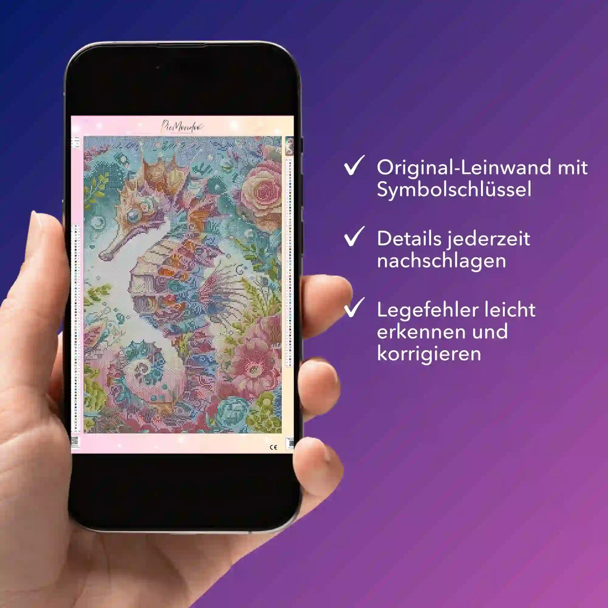 Digitale Diamond Painting Bildmappe als PDF für das Seepferdchen Motiv mit Symbolschlüssel auf einem Smartphone.