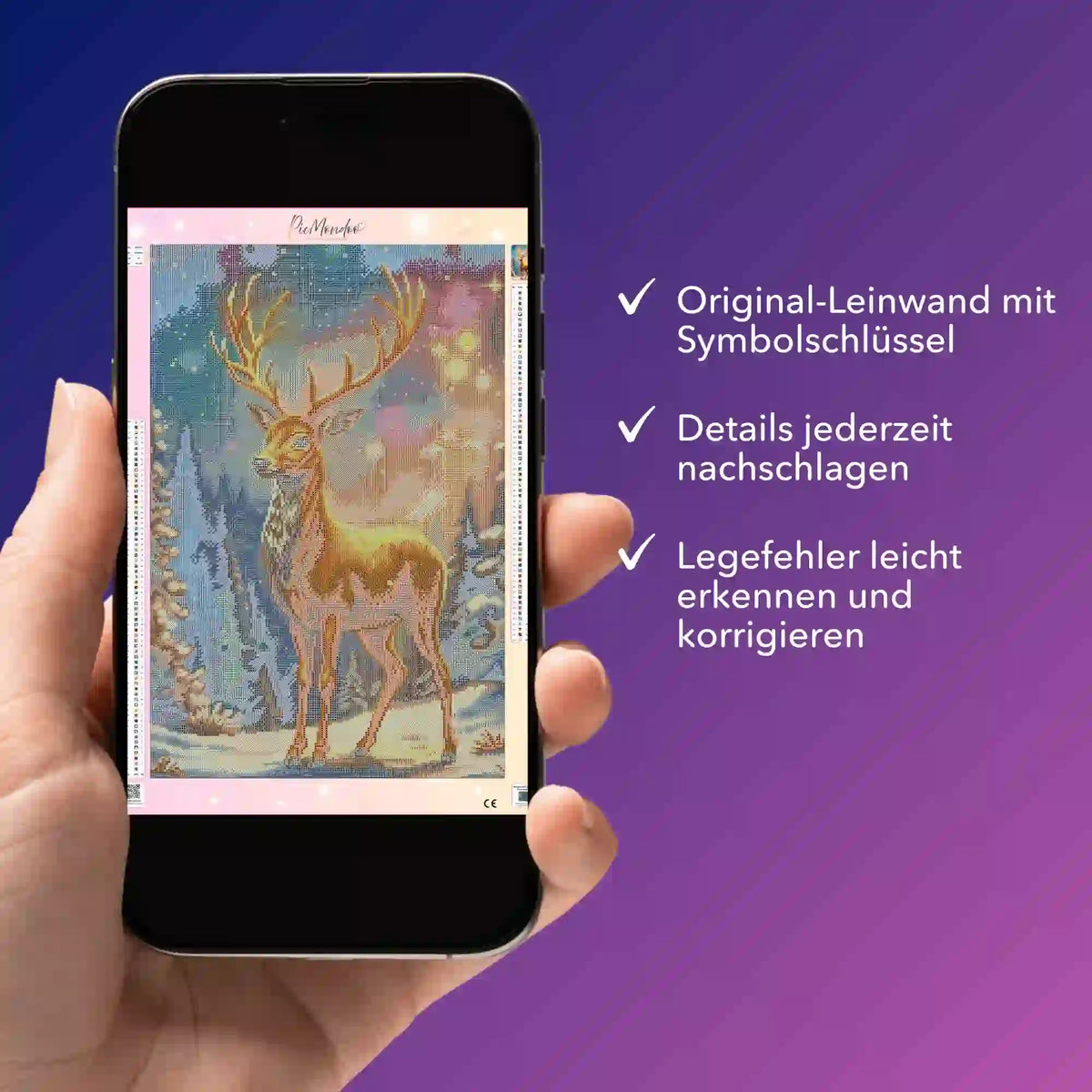 Digitale Diamond Painting Bildmappe als PDF auf Smartphone mit Motiv Goldener Hirsch und Symbolschlüssel zur Kontrolle.