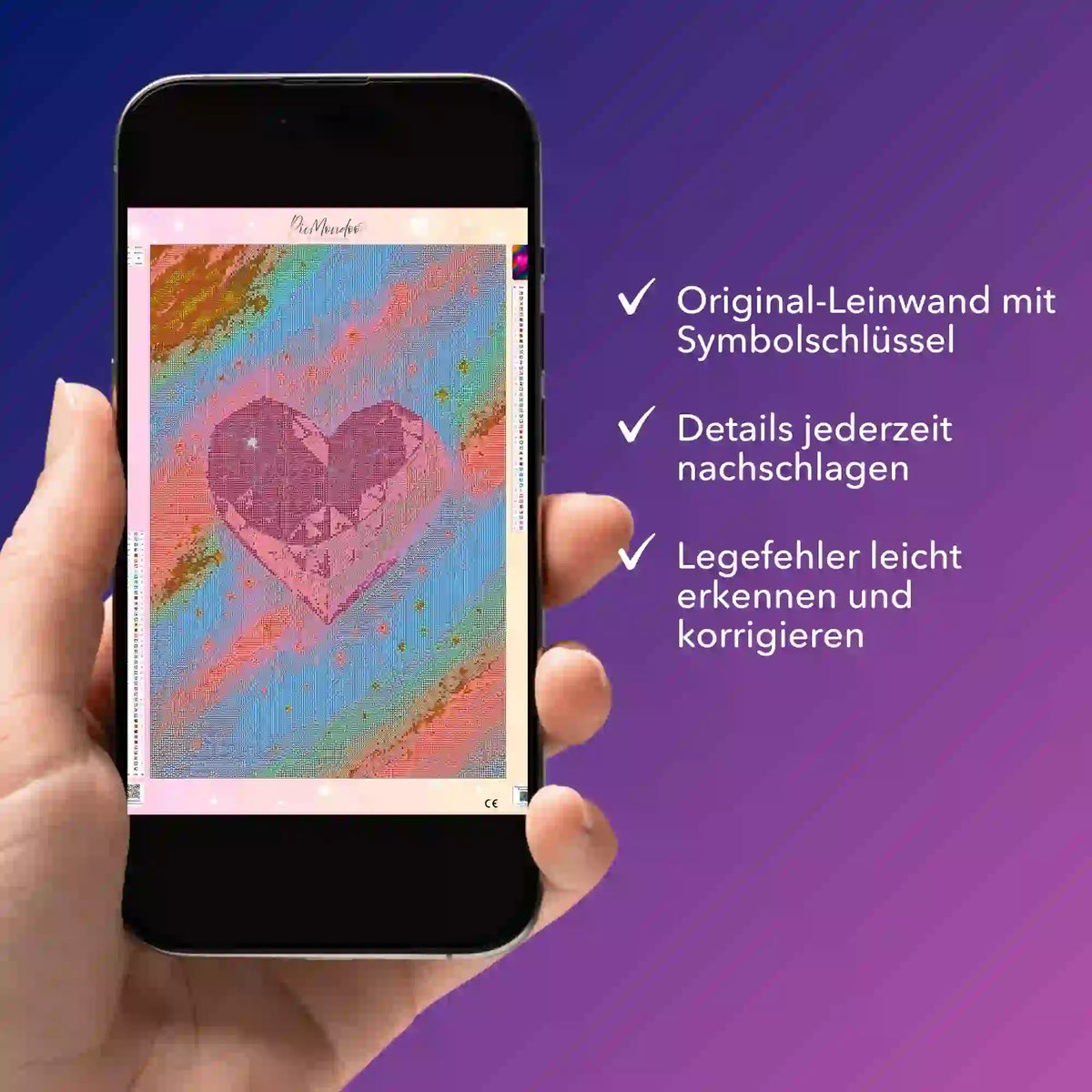 Digitale Diamond Painting Bildmappe auf Smartphone mit Herzkristall Motiv zur Unterstützung beim Basteln