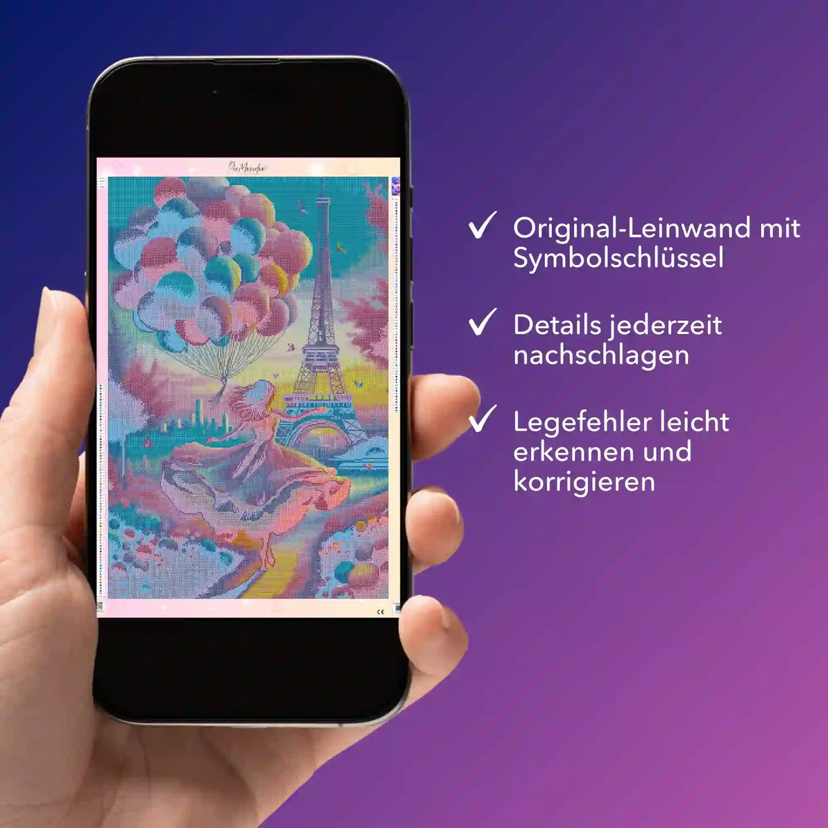 Digitale Diamond Painting Vorlage Verträumtes Paris als PDF auf Smartphone zur Kontrolle der Lege-Symbole