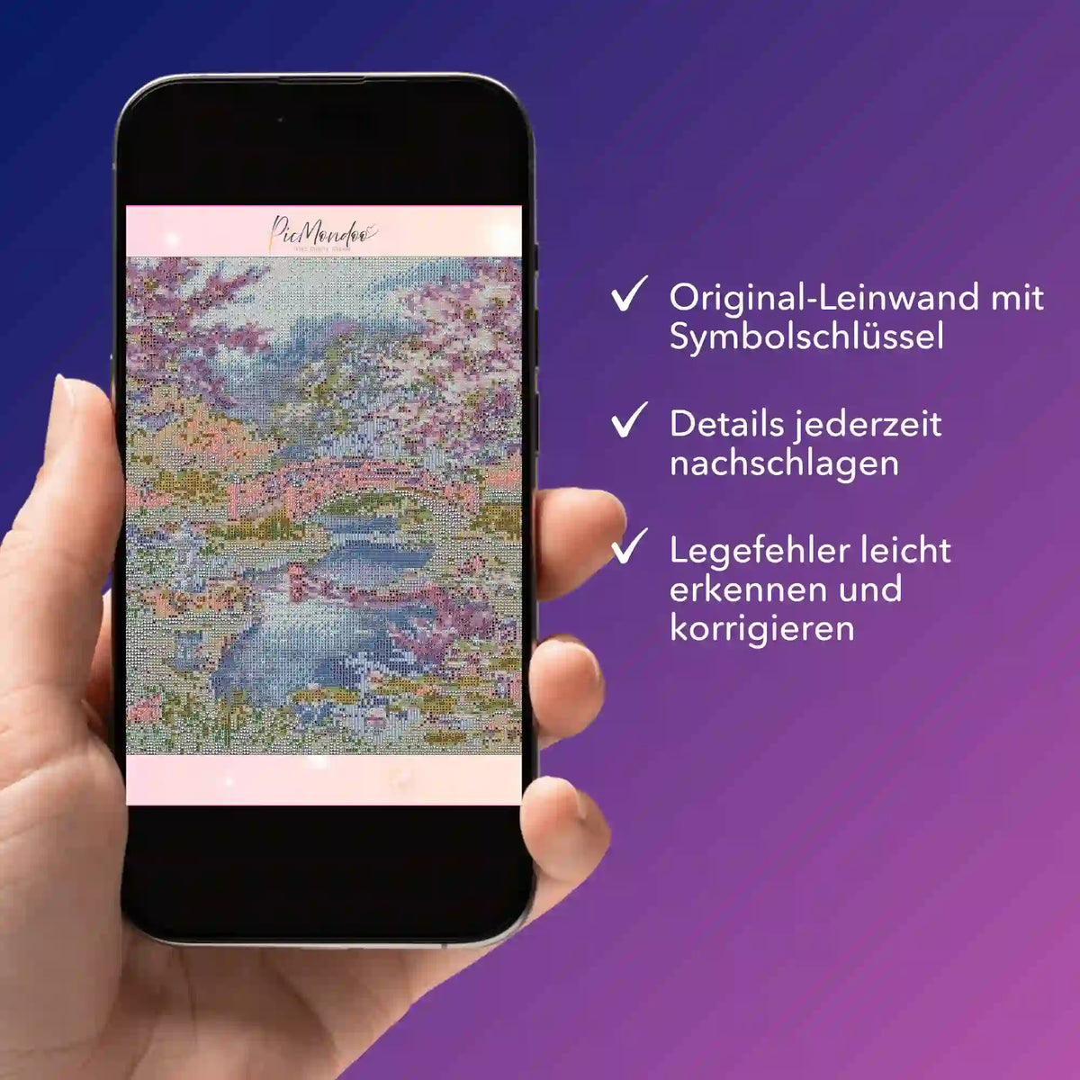 Digitale Bildmappe für Diamond Painting Motiv Chinesischer Garten auf einem Smartphone anzeigen und Details prüfen