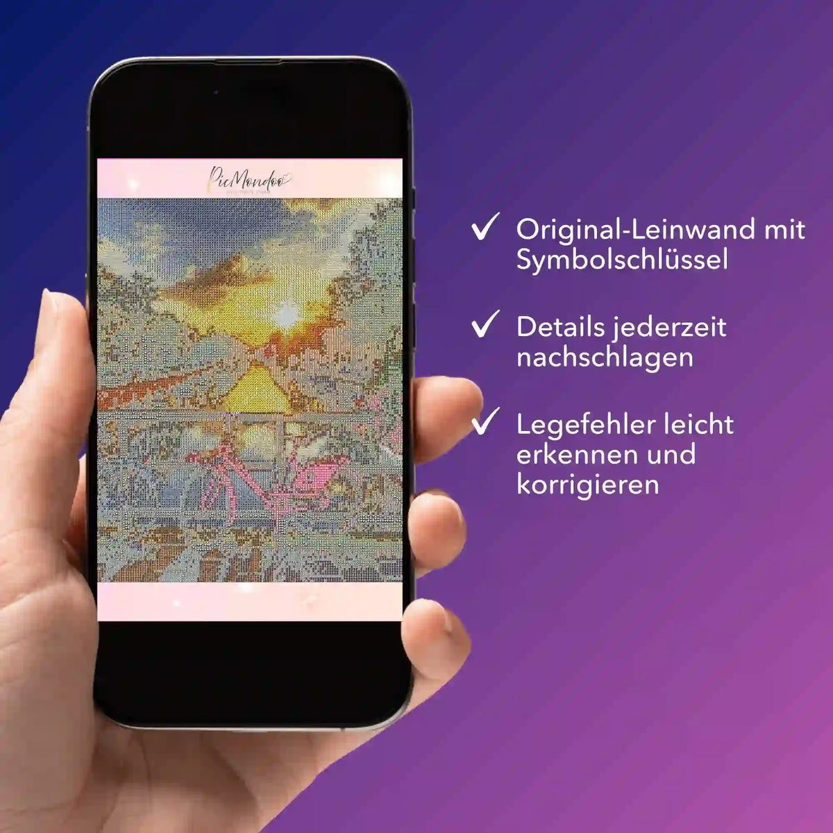 Digitale Diamond Painting Bildmappe als PDF auf Smartphone mit Sonnenuntergang in Amsterdam Motiv zur Kontrolle
