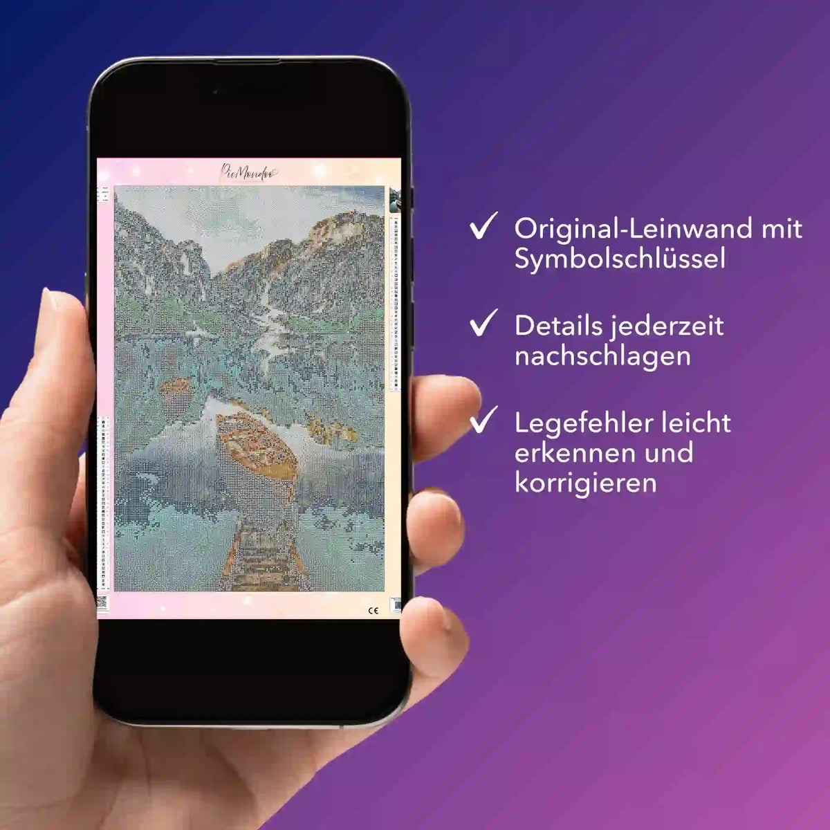 Digitale Diamond Painting Bildmappe als PDF auf Smartphone für das Motiv Boot am See mit Symbolschlüssel zur Orientierung.