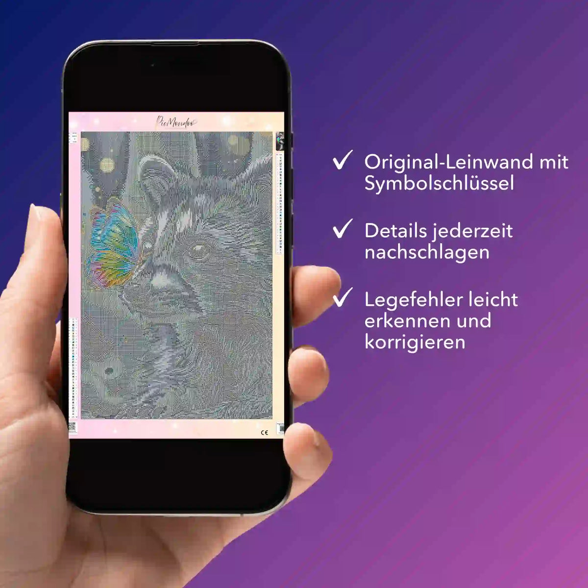 Digitale Diamond Painting Vorlage als PDF auf Smartphone für Waschbär-Motiv mit Schmetterling