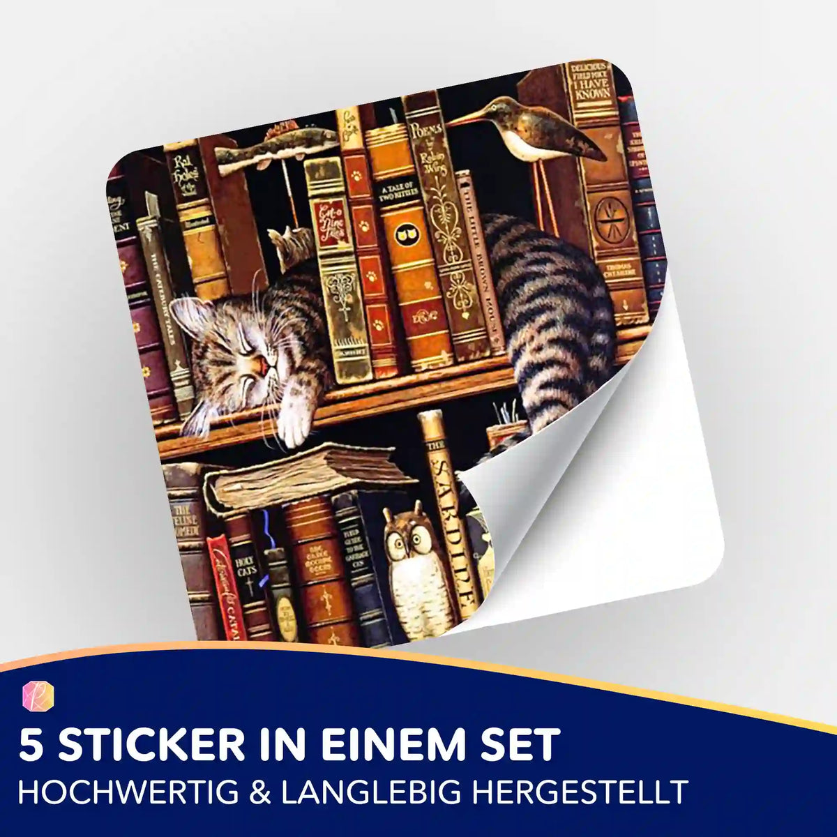 5er-Set Chillout Cat Sticker für Diamond Painting und Malen nach Zahlen Organisation in Bücherregal-Optik