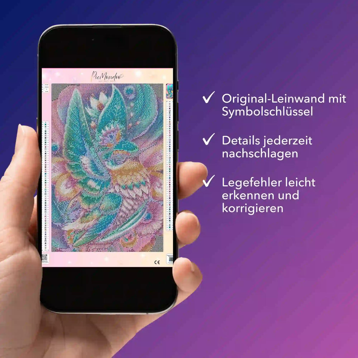 Digitale Diamond Painting Bildmappe als PDF auf Smartphone für Kolibri-Motiv mit Symbolschlüssel zur Fehlerkorrektur