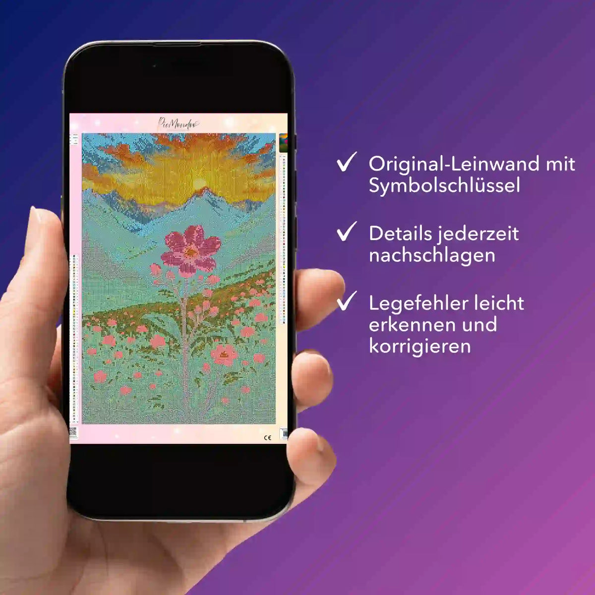 Digitale Bildmappe für Diamond Painting Gebirgsblume als PDF auf Smartphone zur Kontrolle der Leinwand-Details