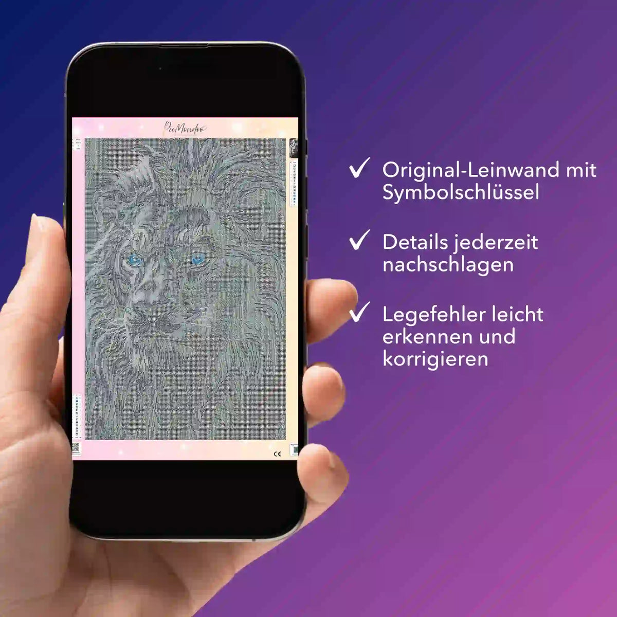 Digitale Diamond Painting Bildmappe als PDF auf Smartphone mit Löwen-Motiv und Symbolschlüssel von Picmondoo