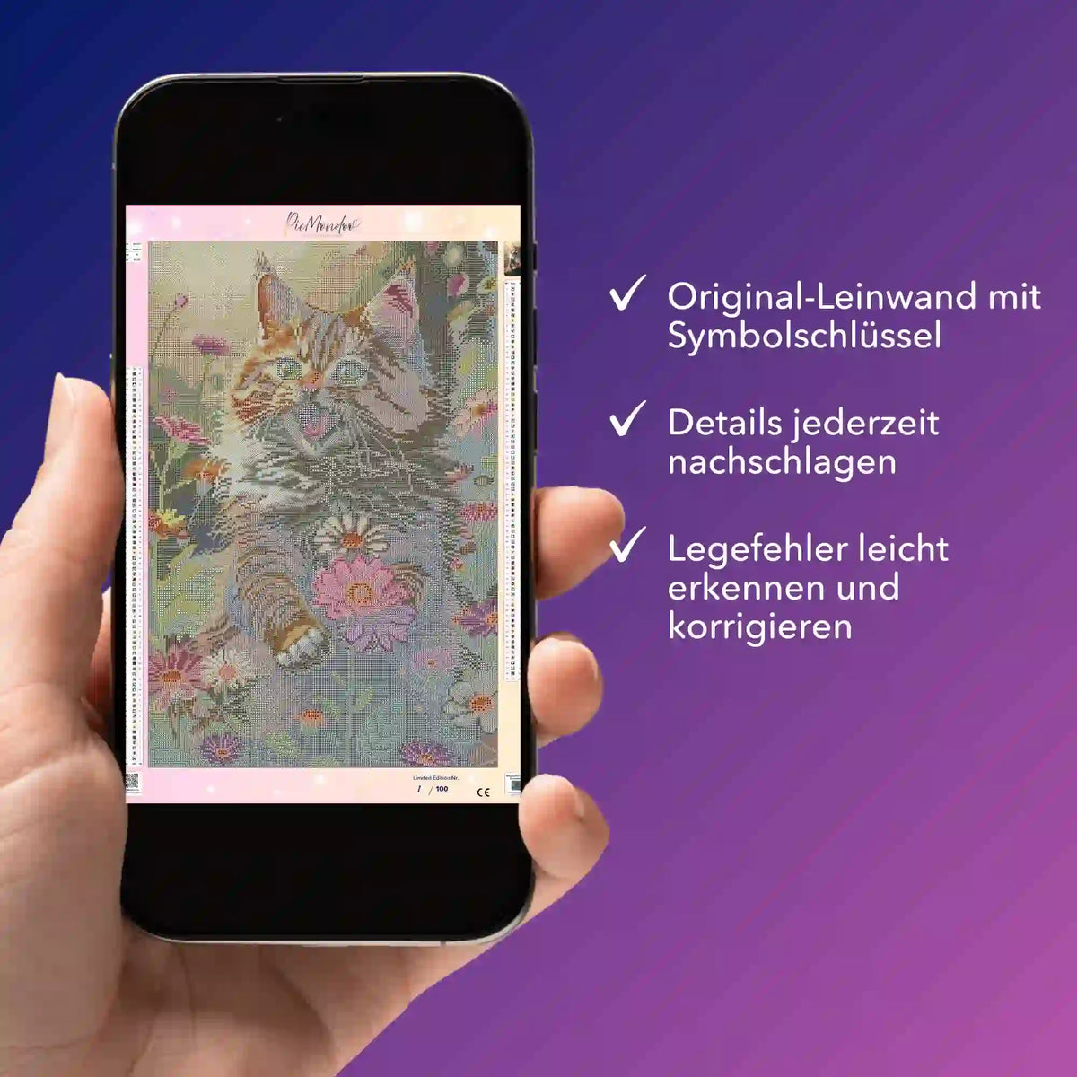 Digitale Diamond Painting Bildmappe als PDF auf Smartphone für Lucy Katzen-Motiv mit Symbolschlüssel