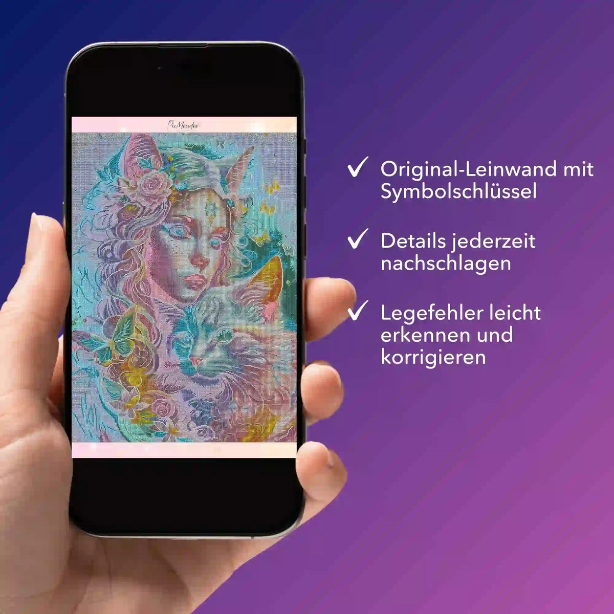 Digitale Diamond Painting Bildmappe als PDF für das Katzenelfe Motiv zur Ansicht von Symbolen auf dem Smartphone.